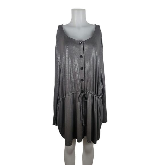 Ulla Popken Gray Silver Shinny V Neck Button Up Draw String Waist Blouse 28/30 - Picture 1 of 4